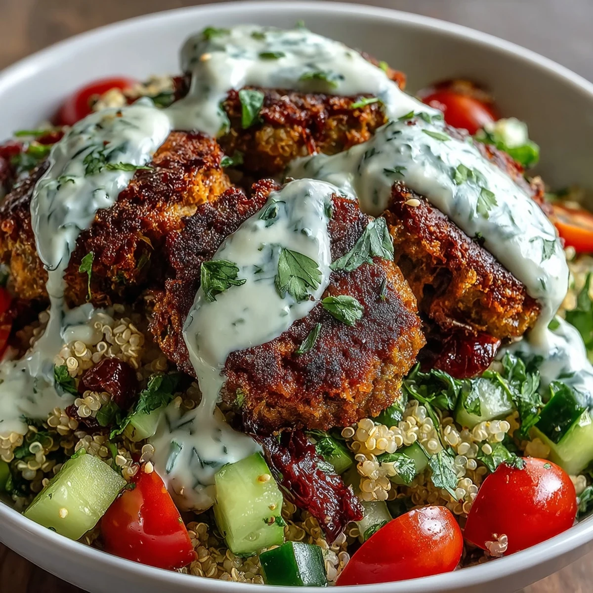 Golden-brown baked falafel sits on fluffy quinoa in a Falafel Quinoa Salad Bowl, topped with crisp cucumber and halved cherry tomatoes.