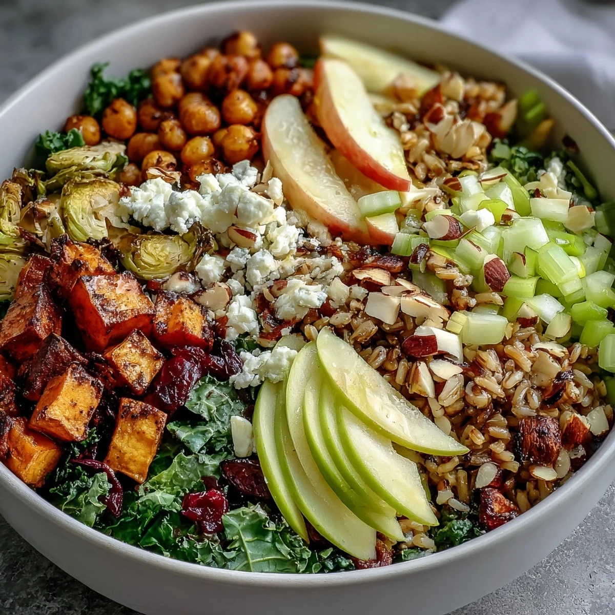 Fall Harvest Bowl with roasted sweet potatoes, Brussels sprouts, and kale topped with almonds and feta.