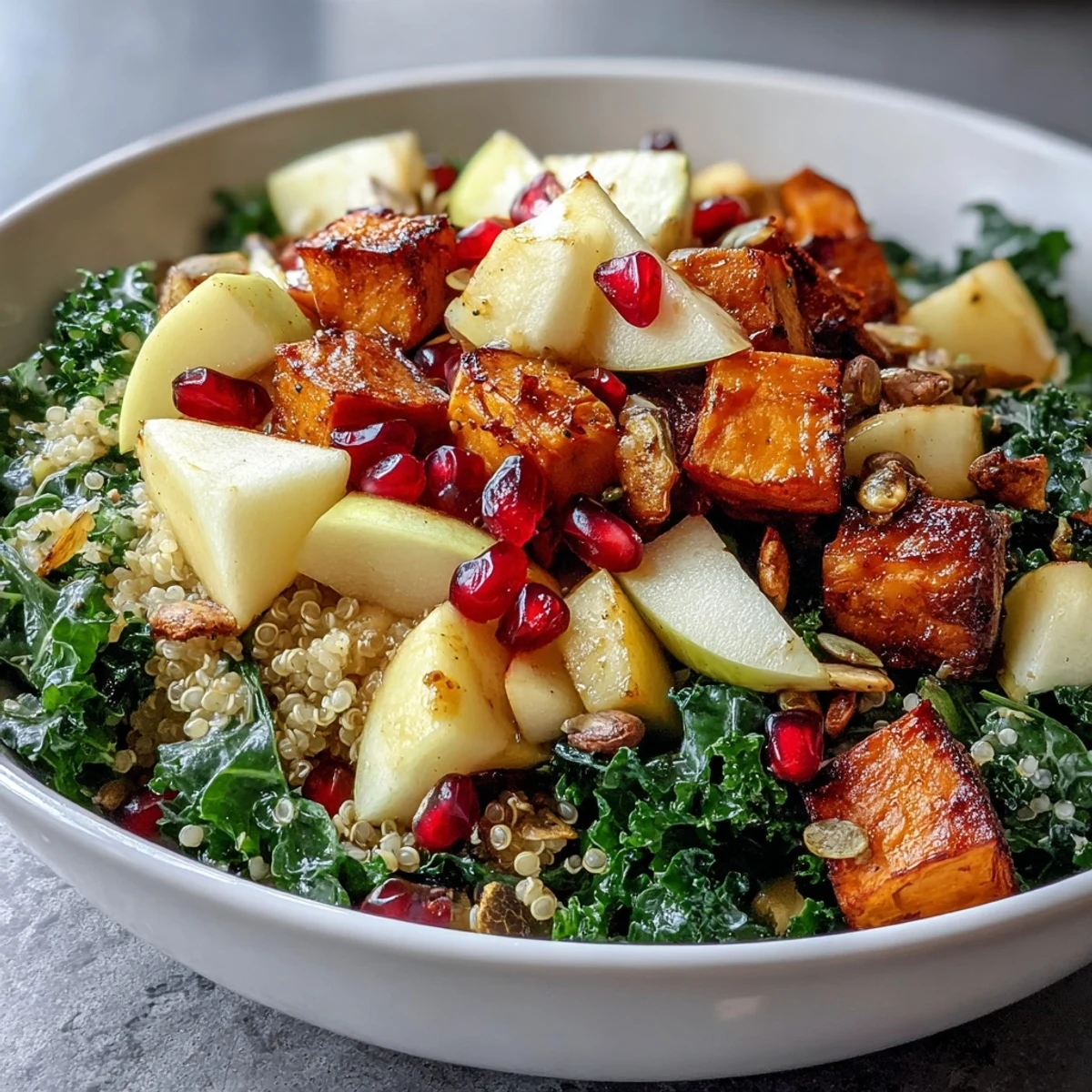 Vibrant Kale Harvest Grain Bowl with roasted sweet potatoes, quinoa, pomegranate seeds, pepitas, and diced apple.