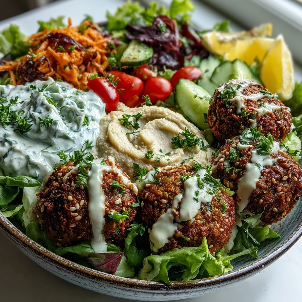 Crispy falafel balls rest on creamy hummus and tzatziki, topped with fresh greens and lemon wedges for a vibrant Mediterranean falafel bowl. 