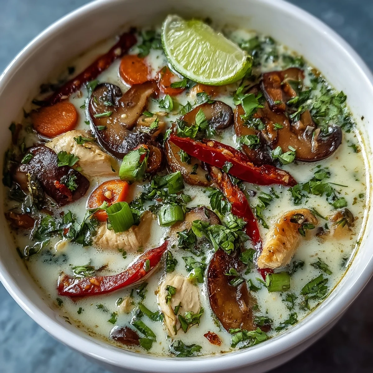 Spicy Thai Coconut Curry Soup Bowl garnished with fresh cilantro and lime, served hot for a comforting meal.