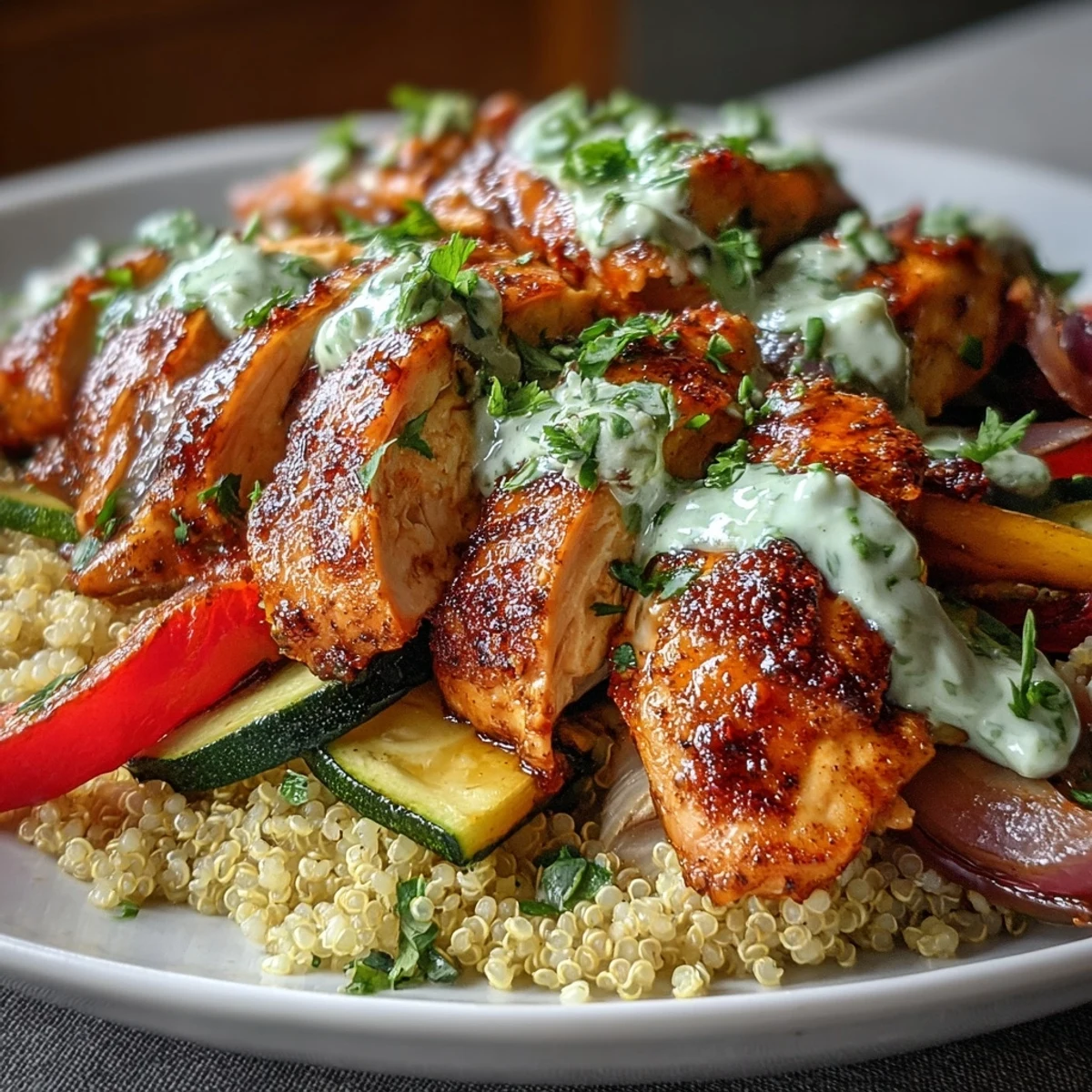 Juicy paprika herb chicken with roasted zucchini and peppers fills a bowl of quinoa, garnished with fresh parsley and lemon.