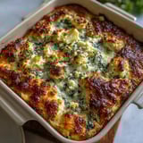 A slice of cheesy High Protein Spinach Artichoke Bake is lifted with a spatula, showing creamy texture.