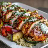 Golden seared paprika herb chicken sits atop fluffy quinoa and vibrant roasted vegetables, finished with a rose harissa drizzle.
