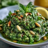 Creamy dandelion pesto featuring toasted pine nuts and Parmesan, ideal for spreading or dipping