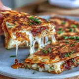 Juicy, pan-fried kimchi quesadilla, a cheesy vegetarian comfort food delight.