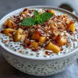 Tropical mango chia pudding layered with coconut milk, ready to enjoy.