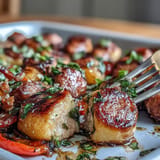 Sheet Pan Gnocchi with Sausage and Peppers, golden, with vibrant roasted veggies and cheese.