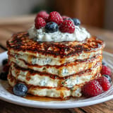 Fluffy Icelandic skyr pancakes piled high, drizzled with syrup.