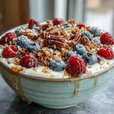 Creamy Skyr Protein Smoothie Bowl topped with fresh berries and crunchy granola clusters.