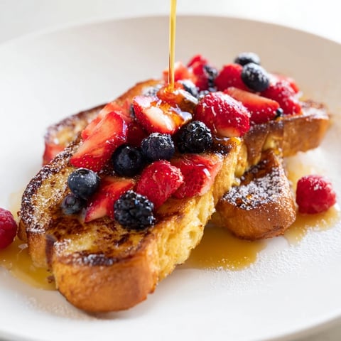 Golden-brown French toast, decadent and delicious, piled high with fresh berries and drizzled with maple syrup.