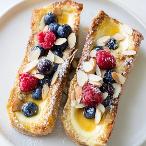 Golden-brown custard toast, served with fresh berries, offering a delicious breakfast experience.