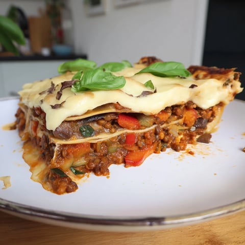 Golden bubbly cheese tops the one-pan smoky veggie lentil lasagne, fresh basil garnish visible on a rustic table.  