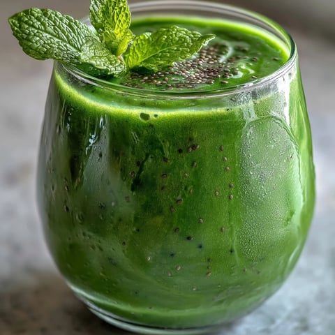 A tall glass of vibrant Green Detox Smoothie, packed with romaine, spinach, and chia seeds, garnished with a fresh mint leaf on a rustic table.