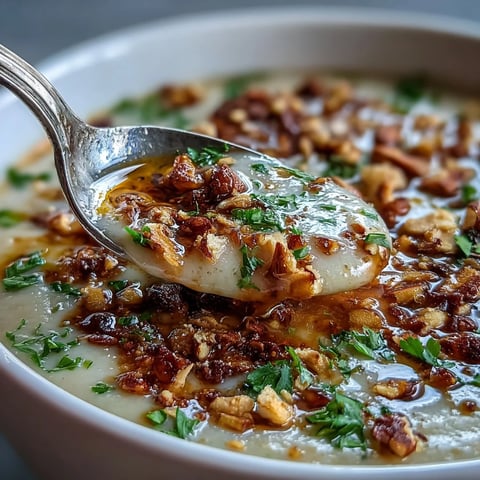 Creamy celeriac soup with crunchy hazelnut crumble topping.