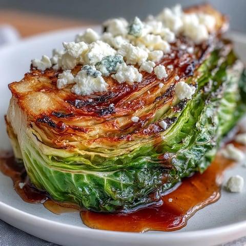 Four thick, golden-brown cabbage steaks roasted to crispy perfection, topped with creamy feta and drizzled with dark balsamic glaze.  