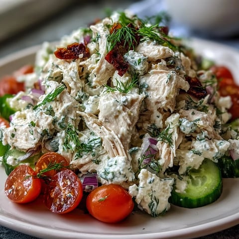 Tzatziki Chicken Salad with creamy yogurt sauce, crisp cucumber, and fresh dill served over mixed greens.
