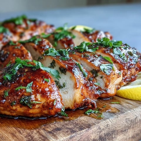 Golden-brown Oven Baked Chicken Breast seasoned with herbs, resting on a baking sheet before slicing.