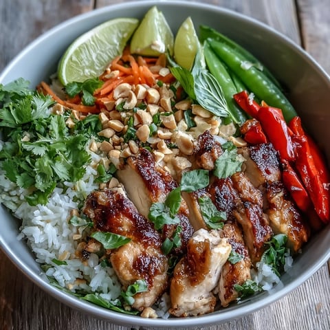Vibrant Thai Chicken Coconut Bowl with fluffy coconut rice, juicy chicken, and crisp red bell peppers, garnished with fresh herbs.