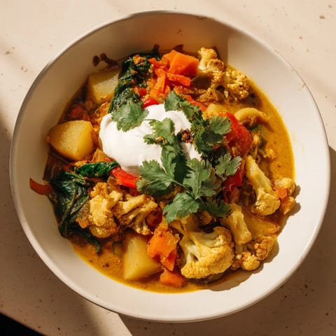 This Waste-Free Vegetarian Curry displays a rich, colorful blend of veggies simmered in creamy coconut milk.