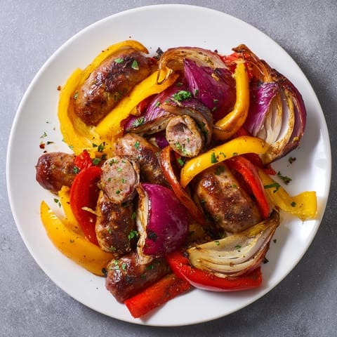 Get a close-up of sheet pan roasted Italian sausage, peppers, and onions, sizzling after baking in oven.