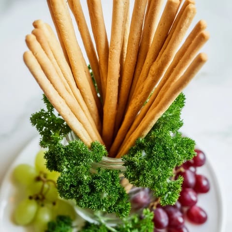 This colorful The Vertical Forest snack features upright breadsticks with parsley and grapes for serving.