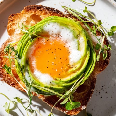 Freshly baked cloud toast 2.0 features a soft egg cloud base, avocado, and microgreens garnished beautifully.