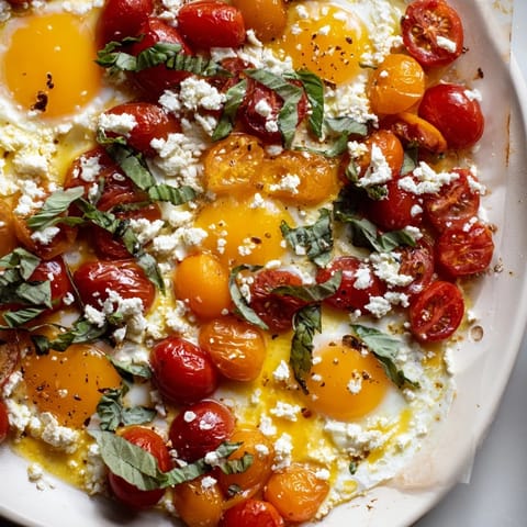 Fresh basil garnishes a sheet pan of Tomato Feta Baked Eggs, a flavorful brunch ready in minutes.