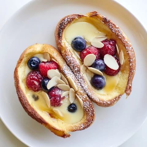Baked custard toast with a soft, custardy center, ready to be topped with fresh fruit.