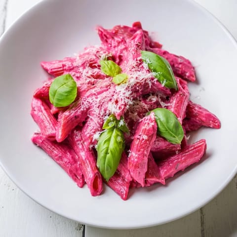 Pasta with beet cream sauce tossed with penne, topped with fresh basil and extra Parmesan.