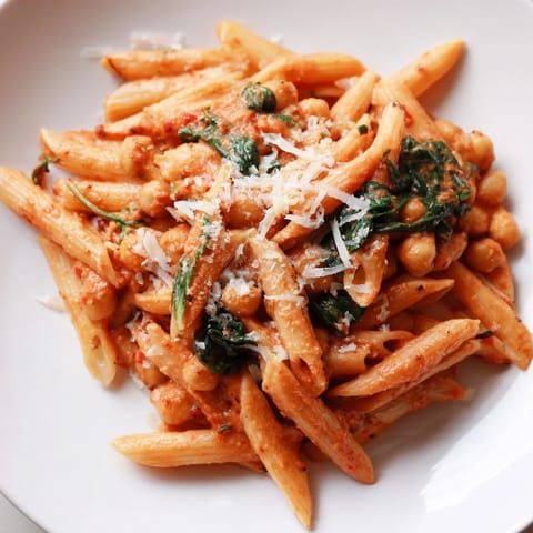 Golden parmesan and fresh basil garnish a plate of Creamy Tuscan Chickpea Pasta, highlighting its Mediterranean flavors and hearty, comforting texture.