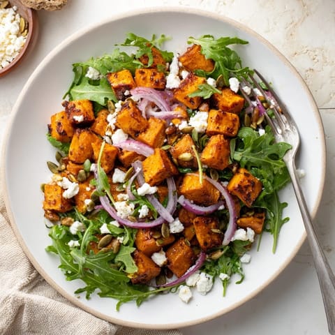 This Roasted Sweet Potato Salad features golden sweet potato cubes tossed with arugula, red onion, and honey-lime dressing.