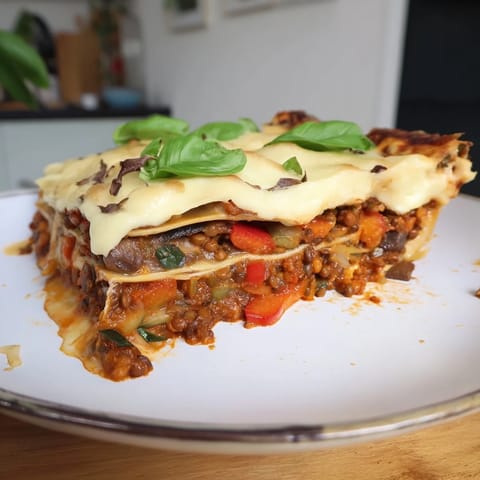 Golden bubbly cheese tops the one-pan smoky veggie lentil lasagne, fresh basil garnish visible on a rustic table.  