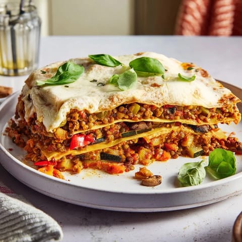 A slice of one-pan smoky veggie lentil lasagne shows layers of pasta, lentil bolognese, and creamy béchamel.  