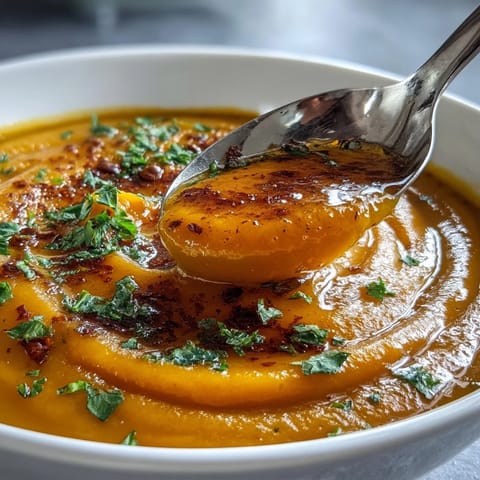 A steaming bowl of homemade butternut squash and lentil soup, glowing with warm spices and garnished with fresh parsley.  