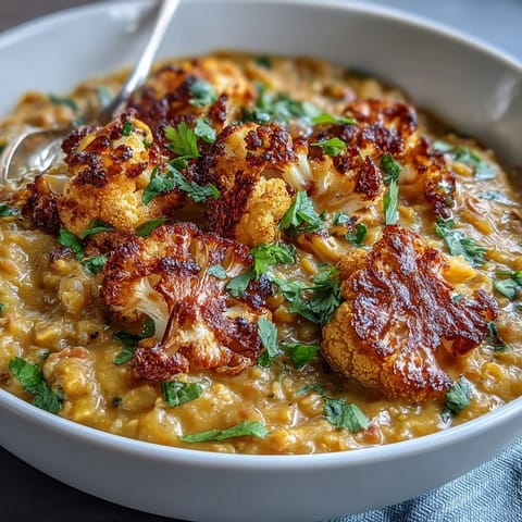 A bowl of creamy red lentil dhal topped with spiced, tender roasted cauliflower.