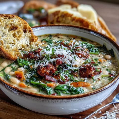 Close-up of Creamy Tuscan White Bean Soup with Sausage topped with fresh spinach.