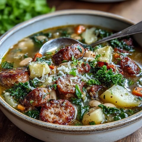 Creamy Tuscan White Bean Sausage Soup with kale and potatoes, served steaming in a rustic bowl.