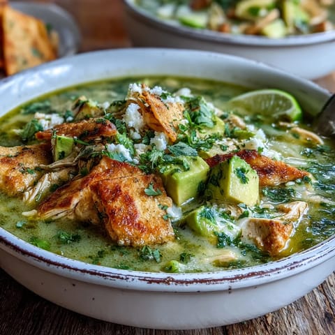 A hearty bowl of Creamy Chicken Tortilla Soup topped with avocado, chips, and a lime wedge.