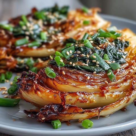 Roasted cabbage wedges brushed with savory miso butter, served hot and garnished with fresh spring onions and toasted sesame seeds.