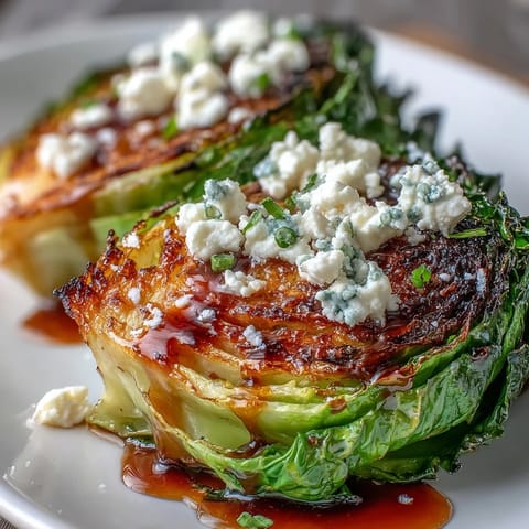 Vibrant Mediterranean-inspired Crispy Cabbage Steaks With Feta and Balsamic served warm as a colorful, gluten-free vegetarian side dish.  