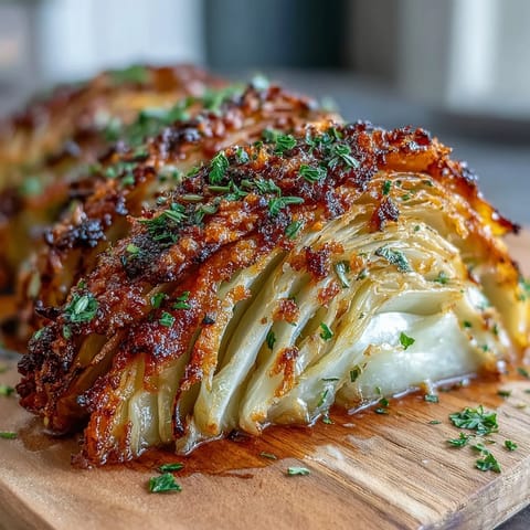 Golden roasted cabbage wedges with crispy edges and melted Parmesan cheese, brushed with garlic olive oil for an irresistible savory flavor. Roasted Garlic Parmesan Cabbage Wedges.