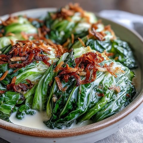 Fork-tender Coconut Braised Cabbage simmered in coconut milk, garnished with toasted flakes, ideal with grilled meats.