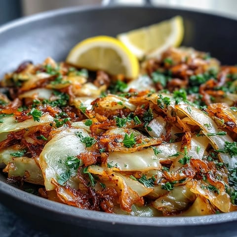 Tender cabbage sautéed with garlic and Mediterranean spices in a skillet, featuring bright red onion and a sprinkle of paprika for a flavorful side.