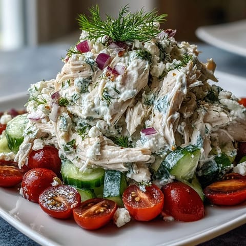 A chilled bowl of Tzatziki Chicken Salad featuring shredded rotisserie chicken, cherry tomatoes, and feta cheese.