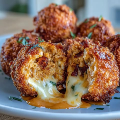 Golden-brown Buffalo Chicken Bacon Mozzarella Bombs sizzling hot from the fryer, with a side of creamy ranch dip.