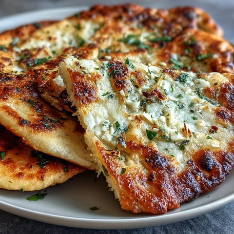 Stack of The Best Easy Garlic Naan Bread ready to scoop up creamy chicken curry for dinner.