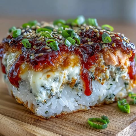 Forkful of layered spicy salmon sushi bake served on a crispy nori chip with avocado.