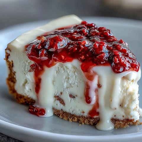 A slice of Indulgent White Chocolate Raspberry Cheesecake Bliss on a dessert plate with a fork, showcasing creamy texture.