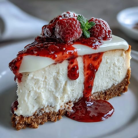 This is a perfect plated slice of Indulgent White Chocolate Raspberry Cheesecake Bliss, ready to eat.
